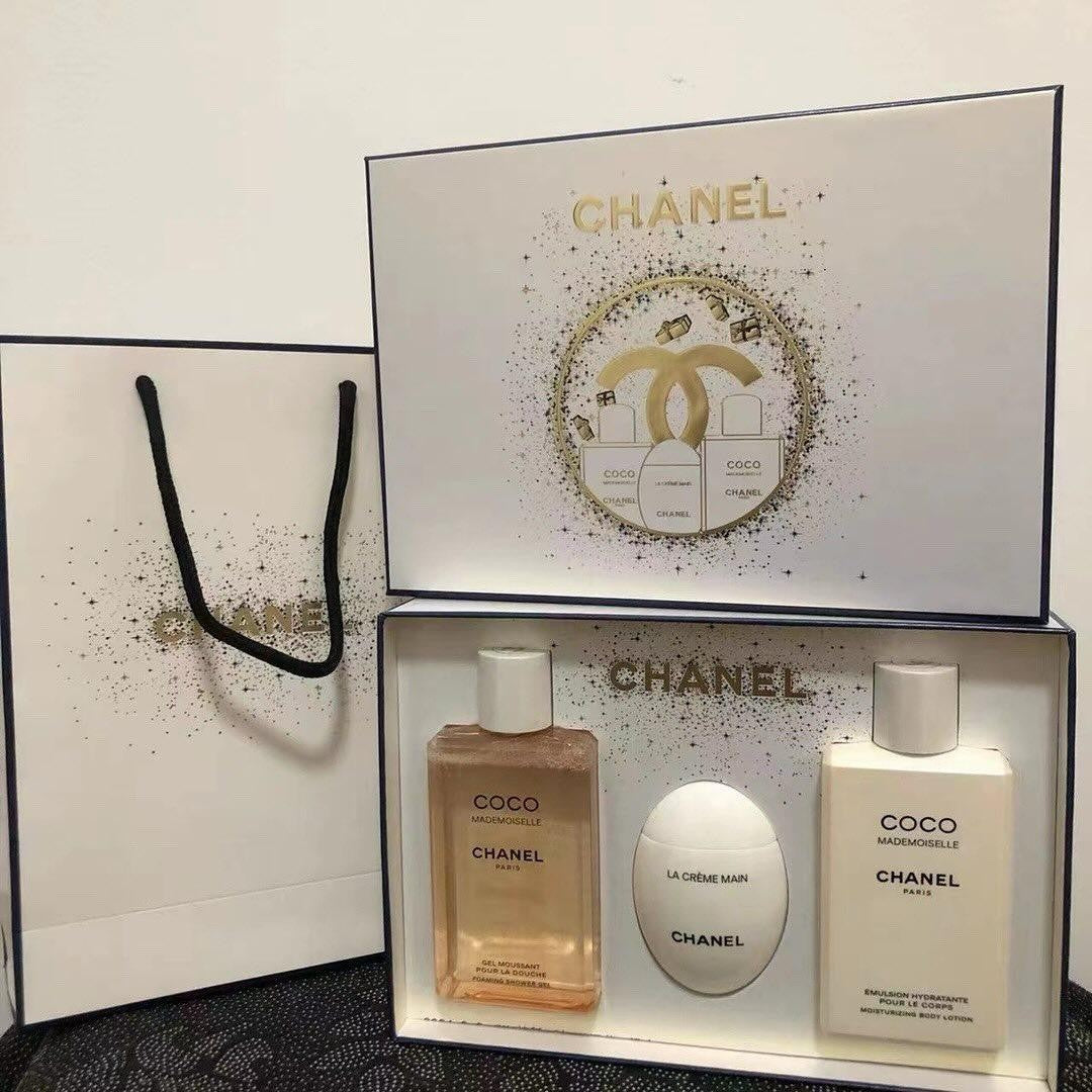 Box from Chanel collection with accessories coco mademoiselle