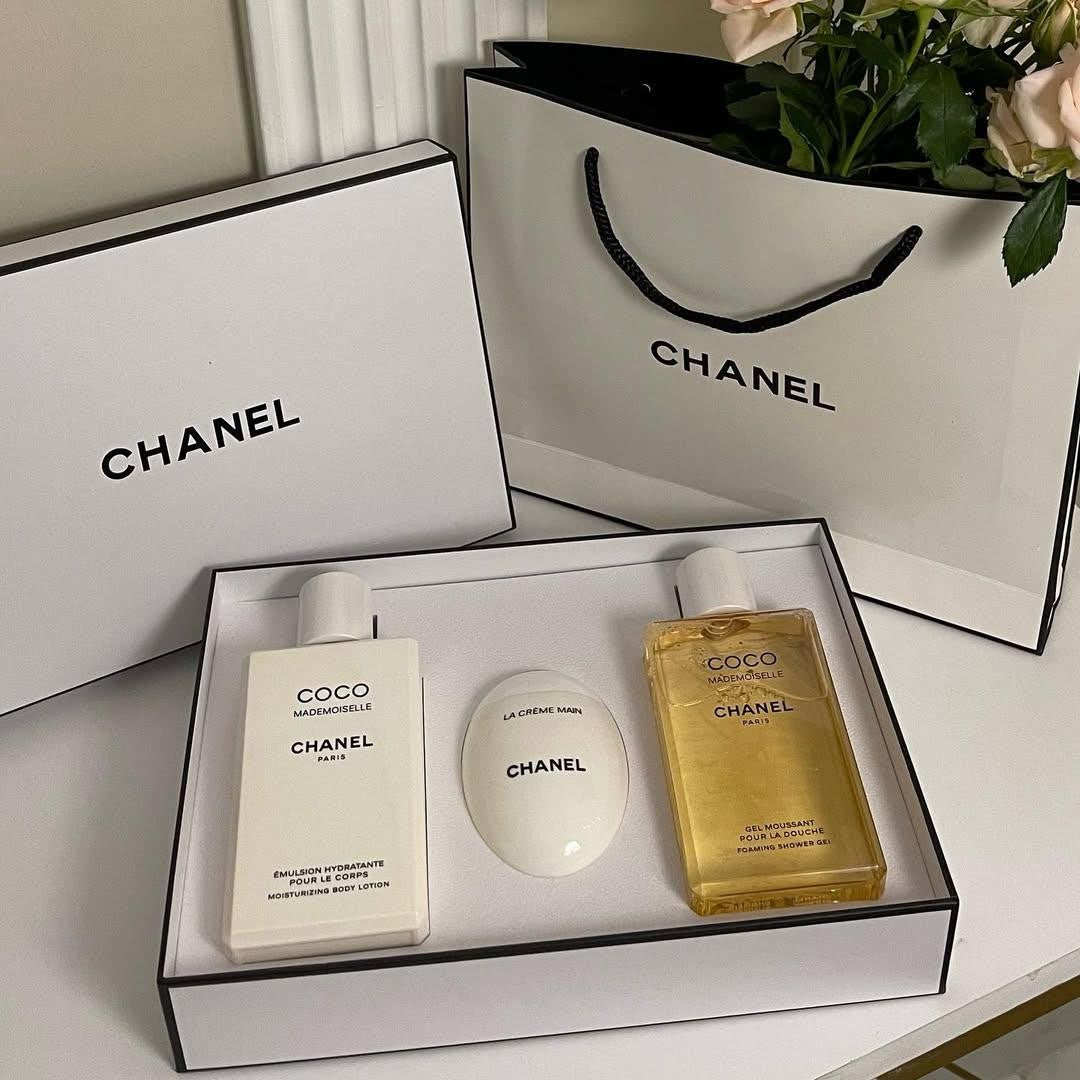 Box from Chanel collection with accessories coco mademoiselle